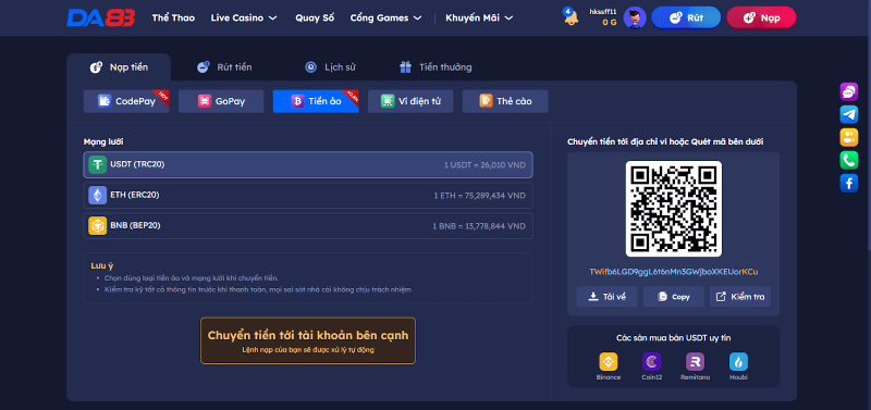 Hình thức nạp rút bằng USDT tại nhà cái DA88